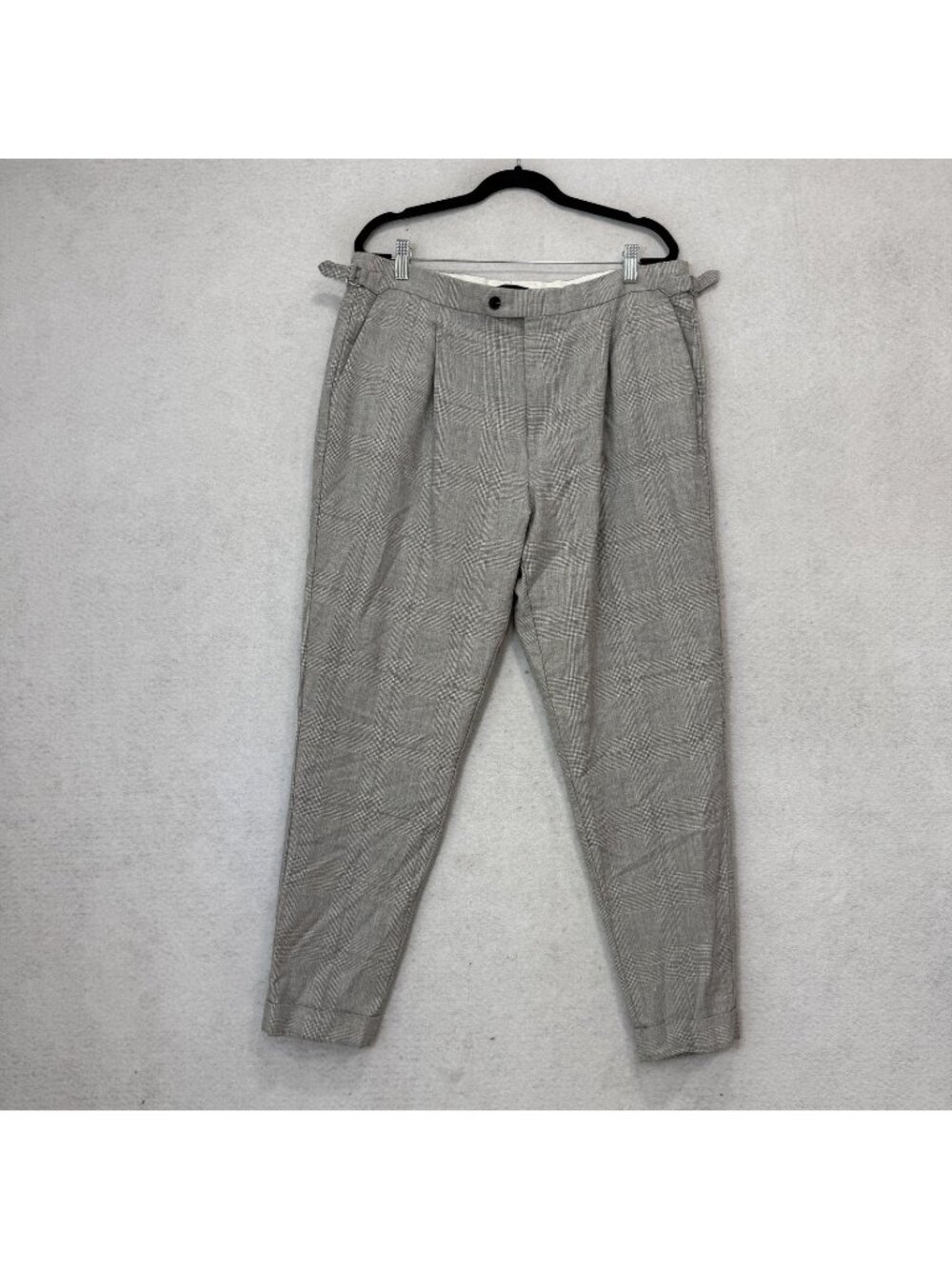 Reiss Dress Pants Mens 36x30 Gray Check Wool Linen Tapered Adjustable Waist